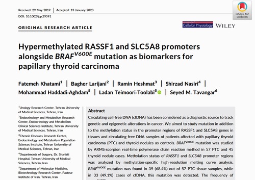 Hypermethylated RASSF1 and SLC5A8 promoters alongside BRAFV600E mutation as biomarkers for papillary thyroid carcinoma